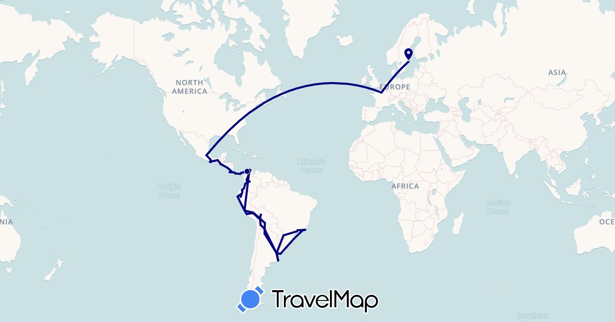 TravelMap itinerary: driving in Argentina, Bolivia, Brazil, Colombia, Costa Rica, Ecuador, France, Guatemala, Mexico, Nicaragua, Panama, Peru, Sweden, United States, Uruguay (Europe, North America, South America)